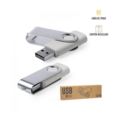 Memoria USB caña de trigo y pinza metal 16 GB Teca